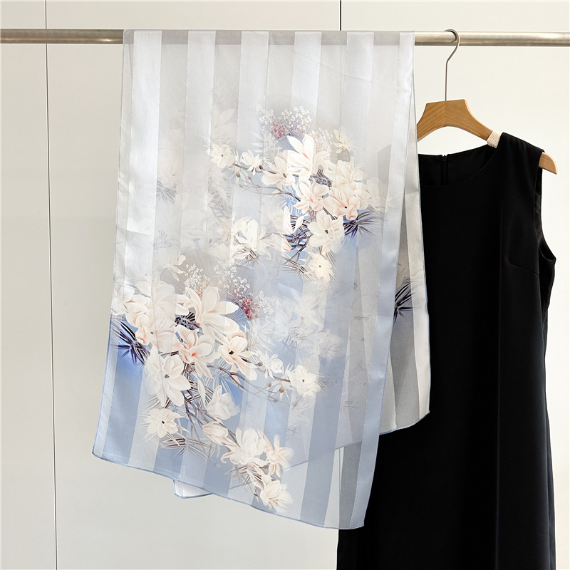 STORY OF SHANGHAI Zijden sjaal voor dames, 100% zijde, luxe zijden sjaal, natuurlijke zijden doek voor vrouwen, stola als cadeau, warm, licht en zacht, met patroon, 53 x 170 cm, blauw geruit