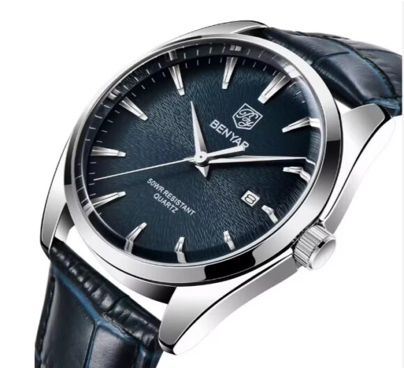 Horloge Heren - Leren Band - Herenhorloge - Blauw