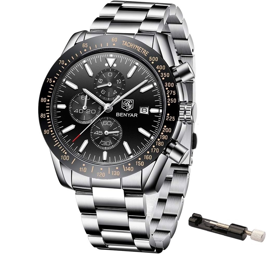 Stalen Heren Horloge – Chronograaf – Polshorloge – Verstel Tool – Zwart