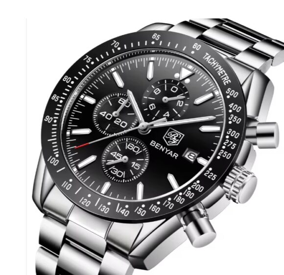 Stalen Heren Horloge - Chronograaf - Polshorloge - Verstel Tool - Zwart