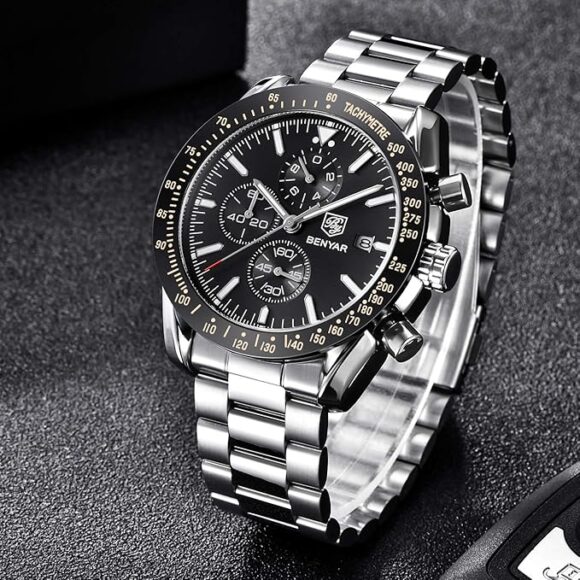 Stalen Heren Horloge - Chronograaf - Polshorloge - Verstel Tool - Zwart