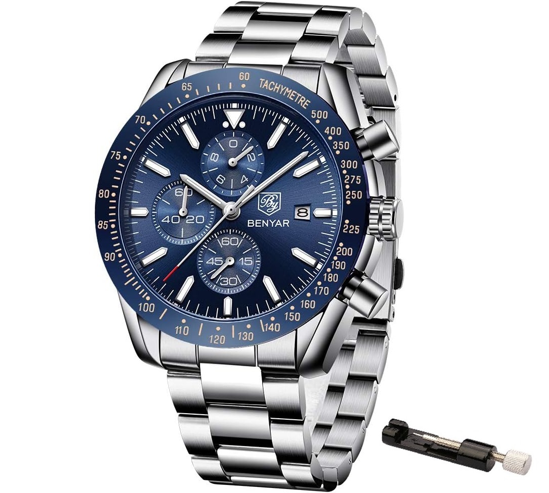 Stalen Heren Horloge – Chronograaf – Polshorloge – Verstel Tool – Blauw