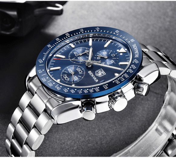 Stalen Heren Horloge - Chronograaf - Polshorloge - Verstel Tool - Blauw