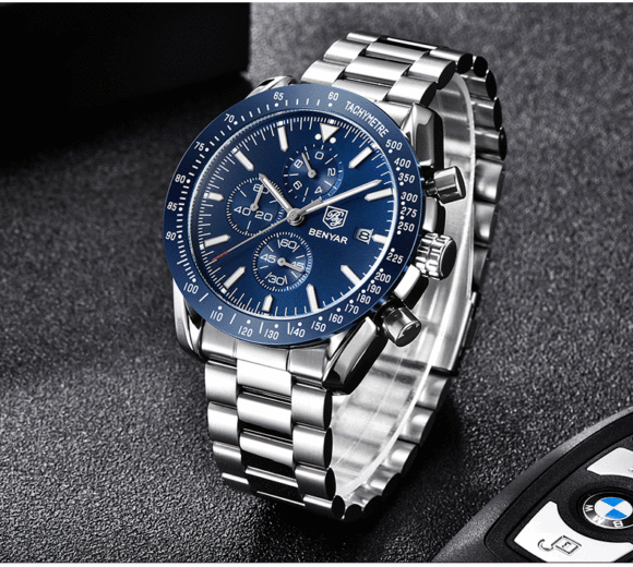 Stalen Heren Horloge - Chronograaf - Polshorloge - Verstel Tool - Blauw