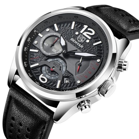 Horloge Heren - Leren Band - Chronograaf - Zwart