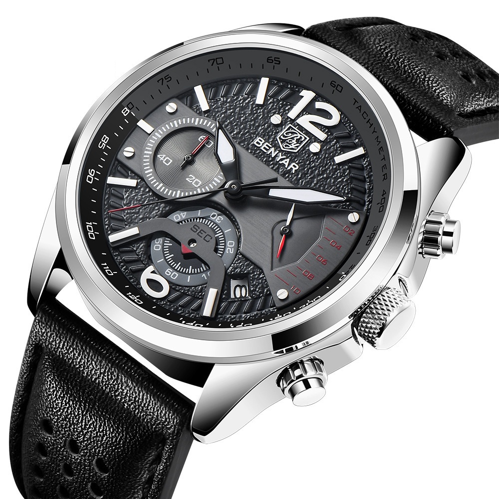Horloge Heren – Leren Band – Chronograaf – Zwart