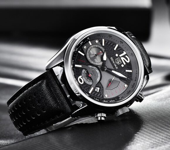 Horloge Heren - Leren Band - Chronograaf - Zwart