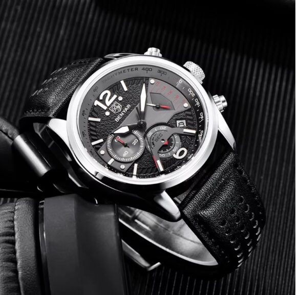 Horloge Heren - Leren Band - Chronograaf - Zwart