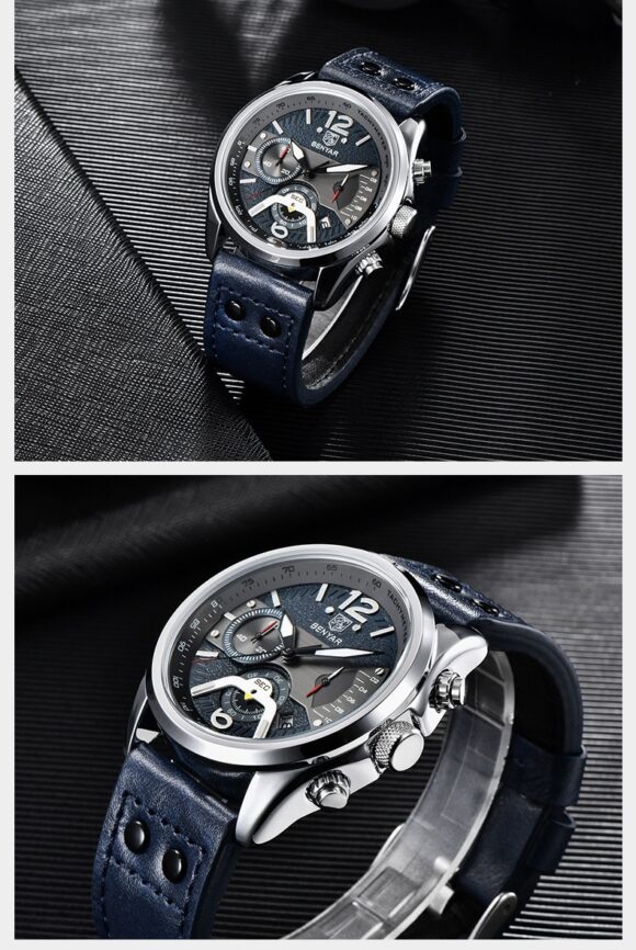 Horloge Heren - Leren Band - Chronograaf - Blauw