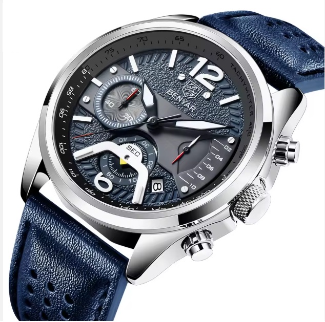 Horloge Heren – Leren Band – Chronograaf – Blauw