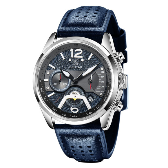 Horloge Heren - Leren Band - Chronograaf - Blauw