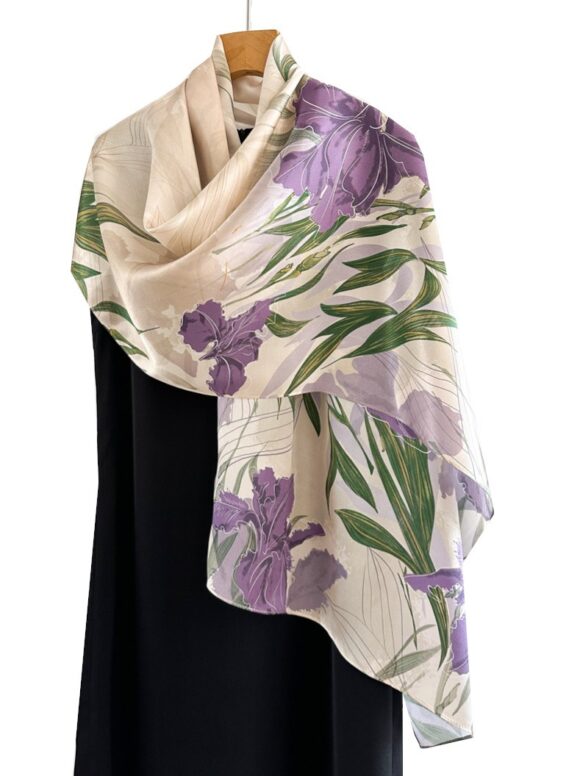 Lange Zijden Sjaal - Dames Sjaal - Sjaal Zijde - Paarse Bloemen - 170cm