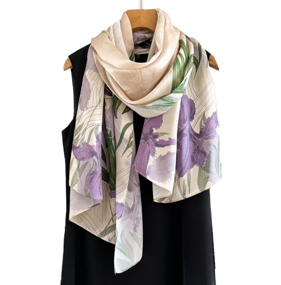 Lange Zijden Sjaal - Dames Sjaal - Sjaal Zijde - Paarse Bloemen - 170cm