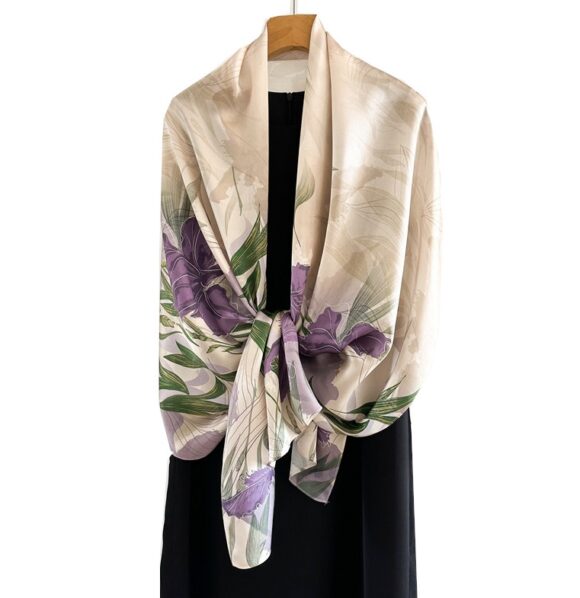 Lange Zijden Sjaal - Dames Sjaal - Sjaal Zijde - Paarse Bloemen - 170cm