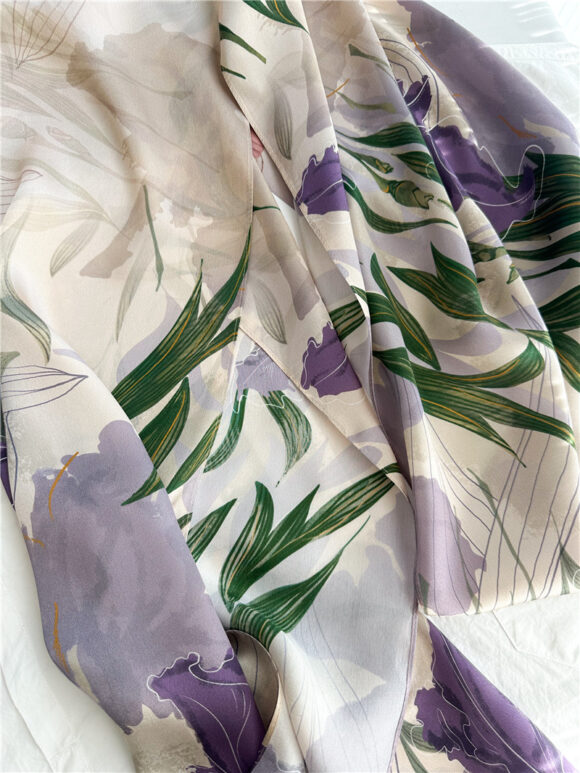 Lange Zijden Sjaal - Dames Sjaal - Sjaal Zijde - Paarse Bloemen - 170cm