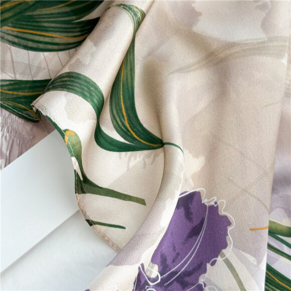 Lange Zijden Sjaal - Dames Sjaal - Sjaal Zijde - Paarse Bloemen - 170cm