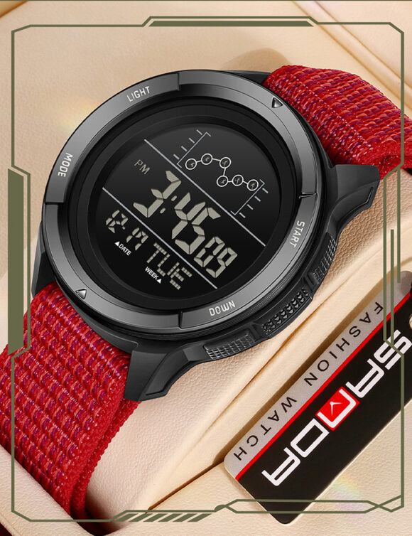Horloge Heren - Sporthorloge - Countdown - Stopwatch - Nylon Band - Rood