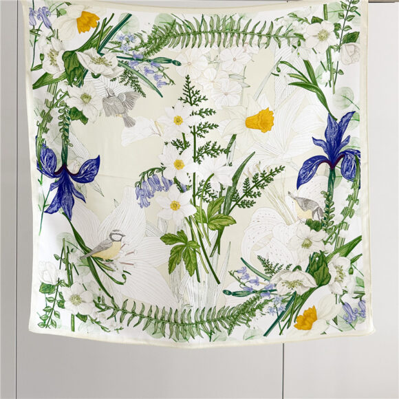 Zijden Sjaal – Halsdoek – Bloemen Vogels – Sjaal Dames - 65 x 65cm