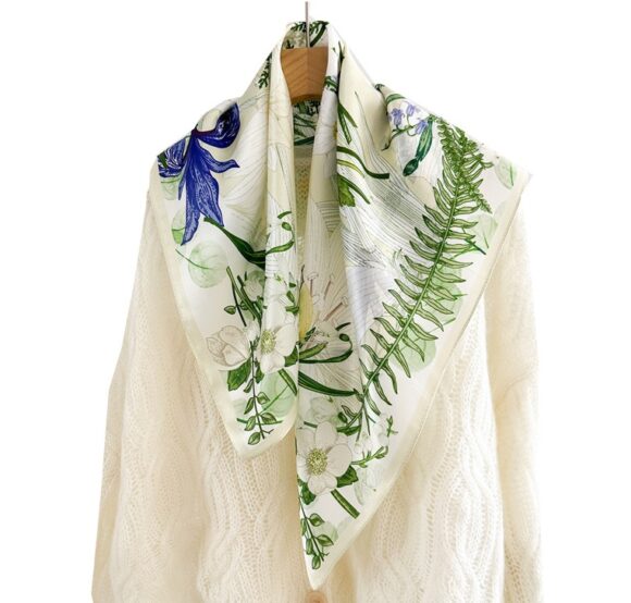 Zijden Sjaal – Halsdoek – Bloemen Vogels – Sjaal Dames - 65 x 65cm