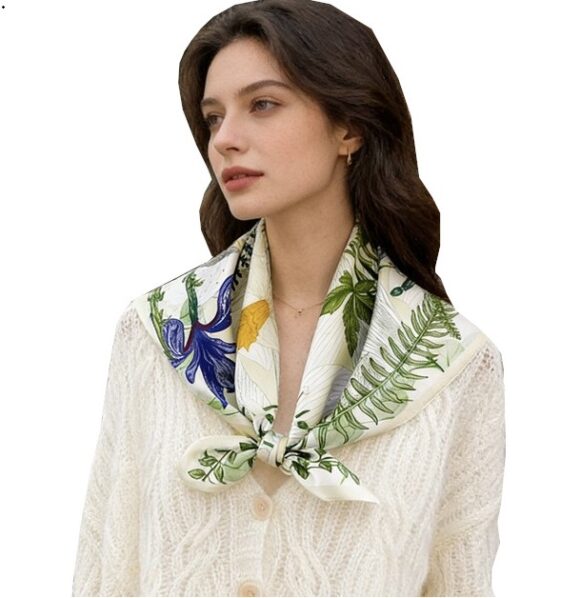 Zijden Sjaal – Halsdoek – Bloemen Vogels – Sjaal Dames - 65 x 65cm