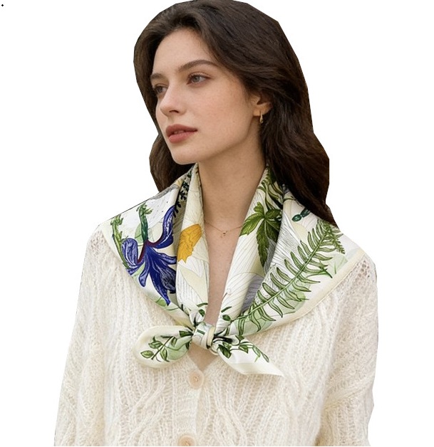 Zijden Sjaal – Halsdoek – Bloemen Vogels – Sjaal Dames – 65 x 65cm